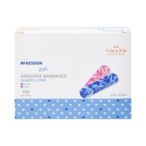 Adhesive Strip McKesson Kids    3/4 X 3 Inch Plastic Rectangle Kid Design (Blue / Pink Camo) Sterile