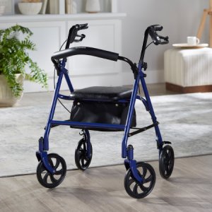 4 Wheel Rollator McKesson Blue Adjustable Height / Folding Steel Frame