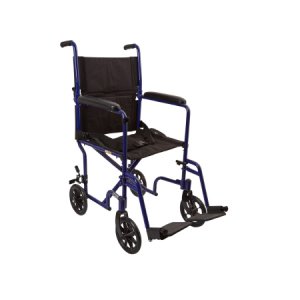Lightweight Transport Chair McKesson Aluminum Frame with Blue Finish 300 lbs. Weight Capacity Fixed Height / Padded Arm Black Upholstery