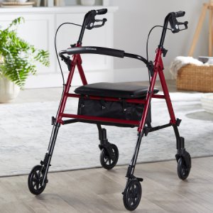 4 Wheel Rollator McKesson Red Adjustable Height / Folding Aluminum Frame