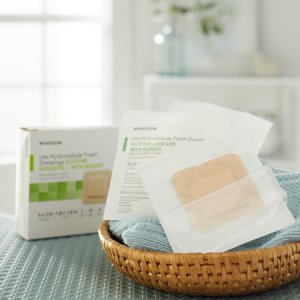 Thin Silicone Foam Dressing McKesson Lite 3 X 3 Inch Square Silicone Gel Adhesive with Border Sterile