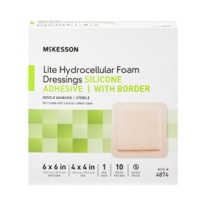 Thin Silicone Foam Dressing McKesson Lite 6 X 6 Inch Square Silicone Gel Adhesive with Border Sterile