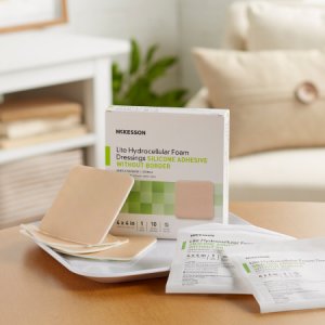 Thin Silicone Foam Dressing McKesson Lite 4 X 4 Inch Square Silicone Gel Adhesive without Border Sterile