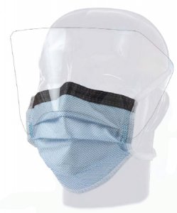 Surgical Mask with Eye Shield FluidGard   160 Anti-fog Foam Pleated Tie Closure One Size Fits Most Blue Diamond NonSterile ASTM Level 3 Adult