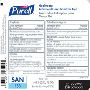 Hand Sanitizer Purell   Healthcare Advanced 1,200 mL Ethyl Alcohol Gel Dispenser Refill Bottle
