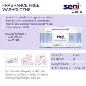 Rinse-Free Bath Wipe Seni   Care Soft Pack Allantoin / Aloe Vera Unscented 48 Count
