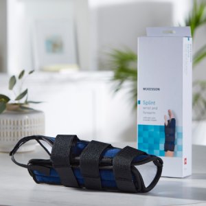 Wrist / Forearm Brace McKesson Aluminum / Nylon / Foam / Flannelette Left Hand Black / Blue One Size Fits Most