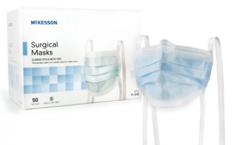 Surgical Mask McKesson Pleated Tie Closure One Size Fits Most Blue NonSterile ASTM Level 1 Adult