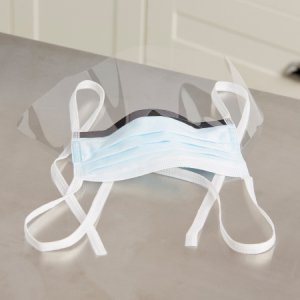 Surgical Mask with Eye Shield McKesson Anti-fog Pleated Tie Closure One Size Fits Most Blue NonSterile ASTM Level 3 Adult