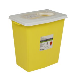 Chemotherapy Waste Container SharpSafety    18-3/4 H X 18-1/4 W X 12-3/4 D Inch 12 Gallon Yellow Base / White Lid Vertical Entry
