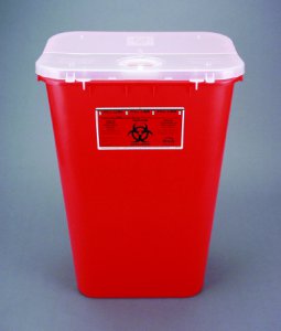 Mailback Sharps Container Bemis    Sentinel 22-1/2 H X 16-1/2 L X 11-13/16 W Inch 11 Gallon Red Base / White Lid Horizontal / Vertical Entry