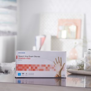 Exam Glove McKesson Large NonSterile Stretch Vinyl Standard Cuff Length Smooth Ivory Not Rated