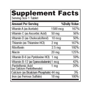 Multivitamin Supplement with Minerals Geri-Care   Vitamin A, Ascorbic Acid, Vitamin D-3, Thiamin, Riboflavin, Niacin, Vitamin B-6, Vitamin B-12, Pantothenic Acid, Iron (ferrous sulfate) 5000 IU, 50 mg, 400 IU, 2 mg, 2.5 mg, 20 mg, 1 mg, 1 mcg, 1 mg, 18 mg Tablet 100 per Bottle Unflavored