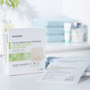 Silicone Foam Dressing McKesson 4 X 4 Inch Square Silicone Adhesive with Border Sterile