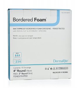 Foam Dressing BorderedFoam   4 Inch Diameter Fenestrated Round Adhesive with Border Sterile